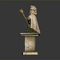 Carved Stone Statue Holding Golden Scepter Wearing Cape On Marble Pedestal With Plaque