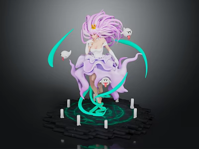 Pink Hair Female Figure With Crown And White Ghosts On Glowing Green Base With Candles 3d model