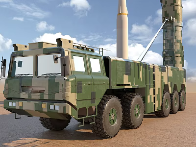 Military Weapon System Featuring Camouflage Truck Mounted Missile Launcher Desert Deployment Ready 3d model