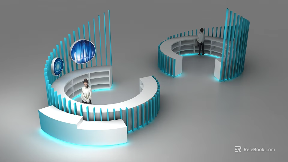 Curved Blue and White Display Shelves with Multiple Layers Blue Lighting and Person Standing 3d model 