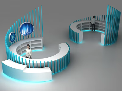 Curved Blue and White Display Shelves with Multiple Layers Blue Lighting and Person Standing 3d model