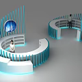 Curved Blue and White Display Shelves with Multiple Layers Blue Lighting and Person Standing