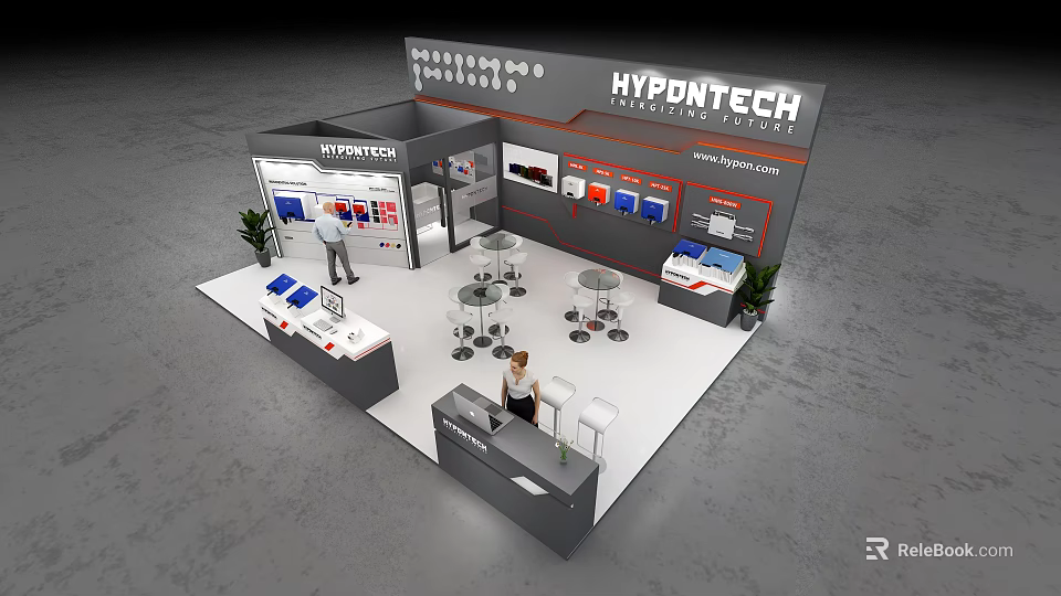 HYPDTECH Exhibition Booth With Display Screens Reception Desk And Product Displays 3d model 