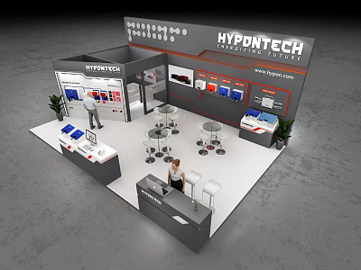HYPDTECH Exhibition Booth With Display Screens Reception Desk And Product Displays 3d model
