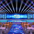 Modern Event Venue With Stage Lighting And Round Tables