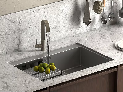 Sleek Faucet Running Water Into Stainless Steel Sink with Limes on Drainer Rack Over Marble Countertop 3d model
