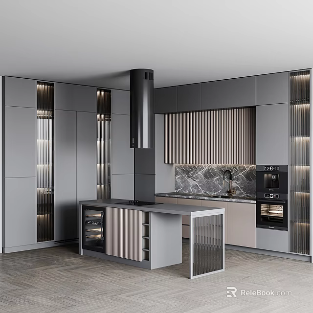 Modern Kitchen Interior With Gray Cabinets Black Chimney Hood And Marble Island Counter 3d model 
