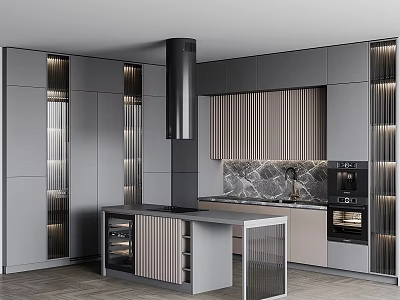 Modern Kitchen Interior With Gray Cabinets Black Chimney Hood And Marble Island Counter 3d model