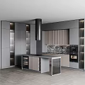 Modern Kitchen Interior With Gray Cabinets Black Chimney Hood And Marble Island Counter