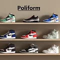 Poliform Shoes Arranged on Wooden Shelf with Various Colors and Styles