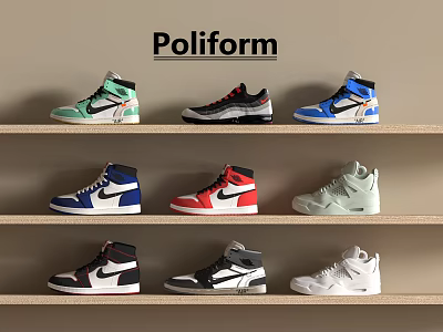 Poliform Shoes Arranged on Wooden Shelf with Various Colors and Styles 3d model