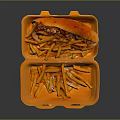 Appetizing Takeout Meal in Orange Container with Crispy Fries and Savory Wrap