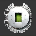 Modern Round Stadium Architecture With Green Turf And Blue Seats Design