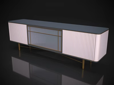 Modern TV Stand With White Ribbed Panels Glass Door Dark Countertop And Golden Metal Frame 3d model