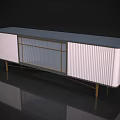 Modern TV Stand With White Ribbed Panels Glass Door Dark Countertop And Golden Metal Frame