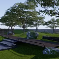 Serene Garden Landscape With Wooden Walkway Green Lawn Trees And Stones