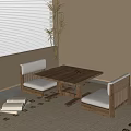 Japanese Style Wooden Tea Table And Chairs With Upholstered Seats In Indoor Space