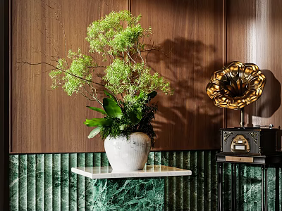 Potted Bonsai Plant With Green Foliage In White Pot On Marble Tabletop By Wooden Wall 3d model