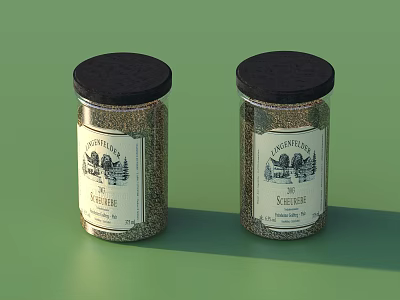 Glass Spice Jars With Black Lids And Vintage Labels For Pepper Salt On Green Background 3d model