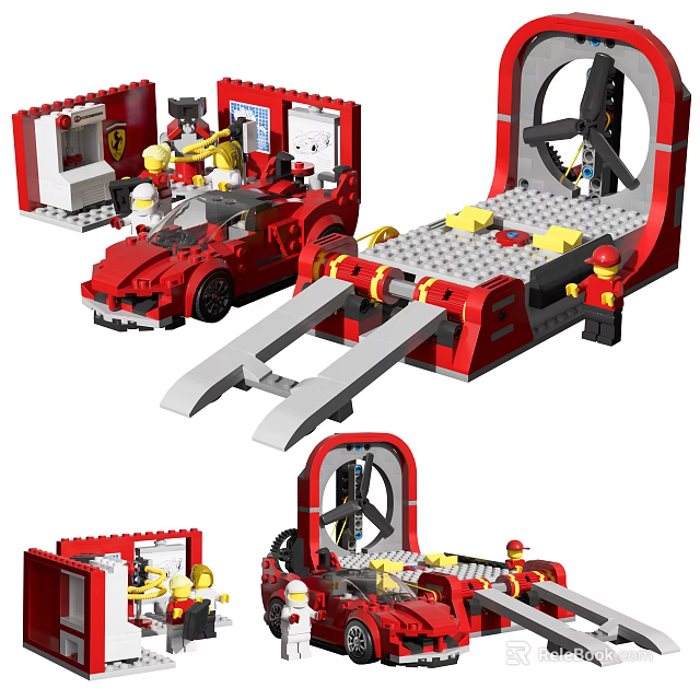 Red Ferrari Themed Building Blocks Model Car With Repair Station And Mini Figures 3d model 