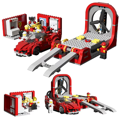 Red Ferrari Themed Building Blocks Model Car With Repair Station And Mini Figures 3d model