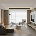 Modern Living Room Interior With Brown Sofa White Accent Chair And Floor to Ceiling Windows With Blinds