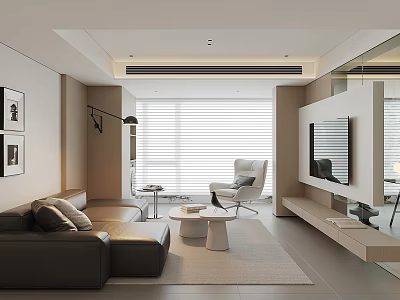 Modern Living Room Interior With Brown Sofa White Accent Chair And Floor to Ceiling Windows With Blinds 3d model