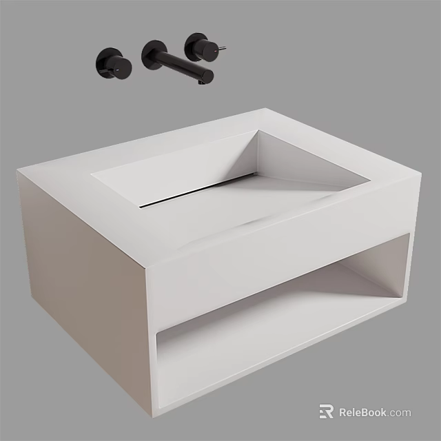 Modern White Bathroom Sink With Rectangular Design Smooth Countertop And Faucet 3d model
