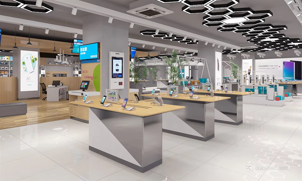 Modern Digital Store Interior With Display Tables Smartphones Tablets Screens And Green Plants 3d model 