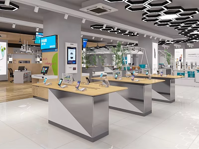 Modern Digital Store Interior With Display Tables Smartphones Tablets Screens And Green Plants 3d model