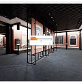 Cultural Center Interior With Traditional Paintings On Black Metal Display Stands And Red Walls