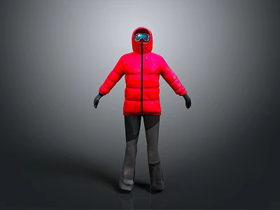 Red Hooded Down Jacket With Goggles Dark Pants And Black Gloves 3d model