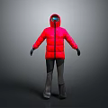 Red Hooded Down Jacket With Goggles Dark Pants And Black Gloves