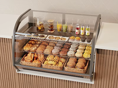 Delicious Fresh Assorted Breads Pastries In Glass Display Case With Beverages At Cafe Counter 3d model