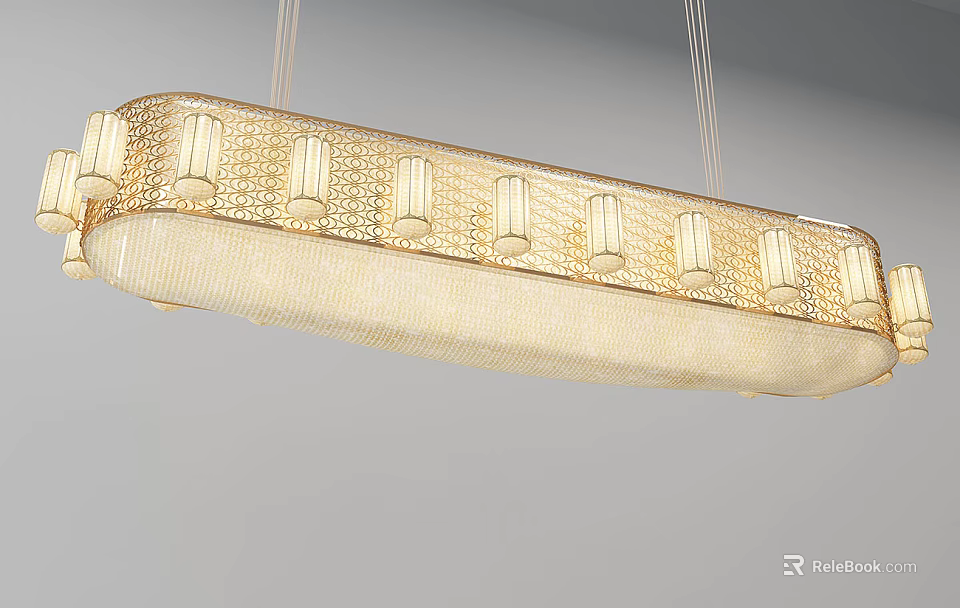 Modern Elegant Golden Rectangular Chandelier With Cylindrical Lights And Woven Texture 3d model