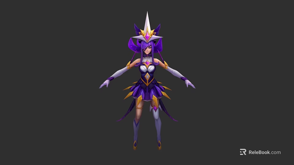 Game Fantasy Character With Purple Hair Spiked Headdress And Gold Accented Costume 3d model 