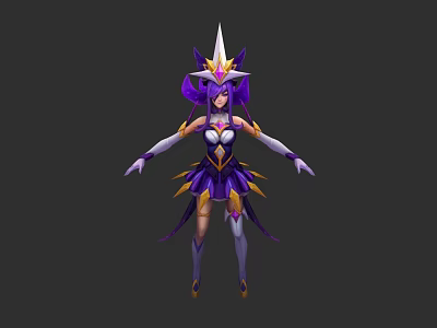 Game Fantasy Character With Purple Hair Spiked Headdress And Gold Accented Costume 3d model
