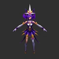 Game Fantasy Character With Purple Hair Spiked Headdress And Gold Accented Costume