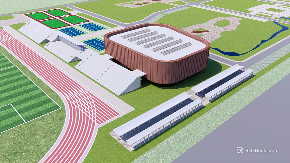 Modern Sports Stadium With Curved Roof Red Running Track Green Fields And White Stands 3d model 