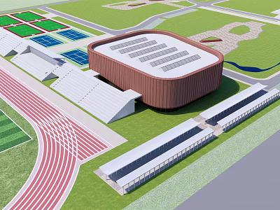 Modern Sports Stadium With Curved Roof Red Running Track Green Fields And White Stands 3d model
