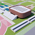 Modern Sports Stadium With Curved Roof Red Running Track Green Fields And White Stands