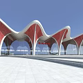Modern Railway Station Exterior With Red And White Wavy Roof And Plaza Steps