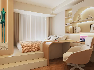 Modern Tatami Bedroom Interior Design With Tatami Bed Writing Desk Cozy Chair And Display Shelves 3d model