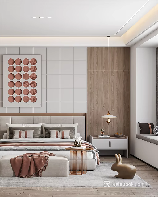 Contemporary Bedroom Interior Featuring Circular Artwork Wooden Wall Pendant Light And Bedside Table 3d model 