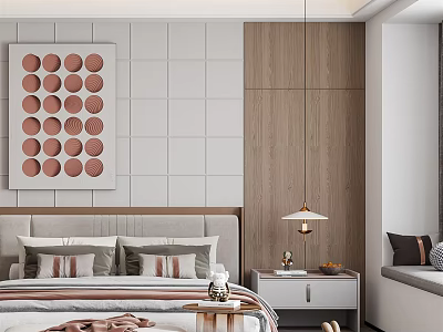 Contemporary Bedroom Interior Featuring Circular Artwork Wooden Wall Pendant Light And Bedside Table 3d model