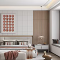 Contemporary Bedroom Interior Featuring Circular Artwork Wooden Wall Pendant Light And Bedside Table