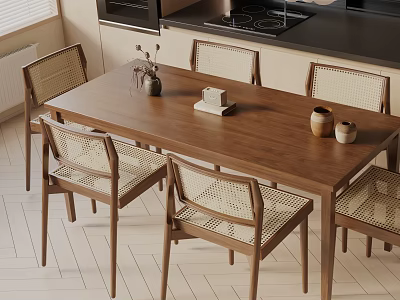 Modern Wooden Dining Table Set With Rattan Chairs And Decorative Accessories In Kitchen Area 3d model