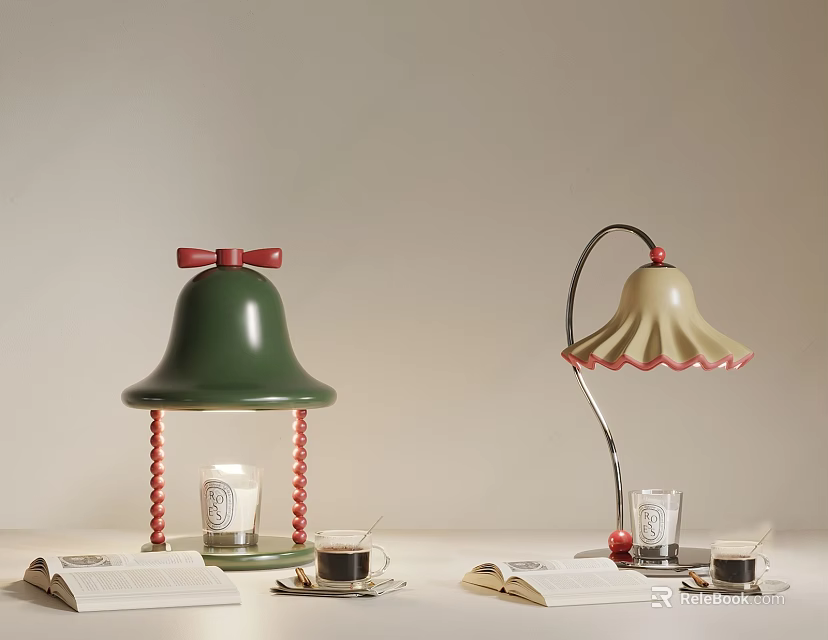 Green Bell Shaped Table Lamp With Red Bow Beige Curved Arm Ruffled Shade On Light Background With Open Books 3d model 