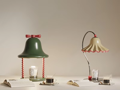 Green Bell Shaped Table Lamp With Red Bow Beige Curved Arm Ruffled Shade On Light Background With Open Books 3d model