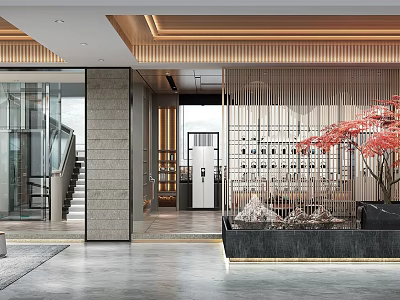 Modern Store Front Desk With Wooden Ceiling Glass Partition And Red Plant 3d model